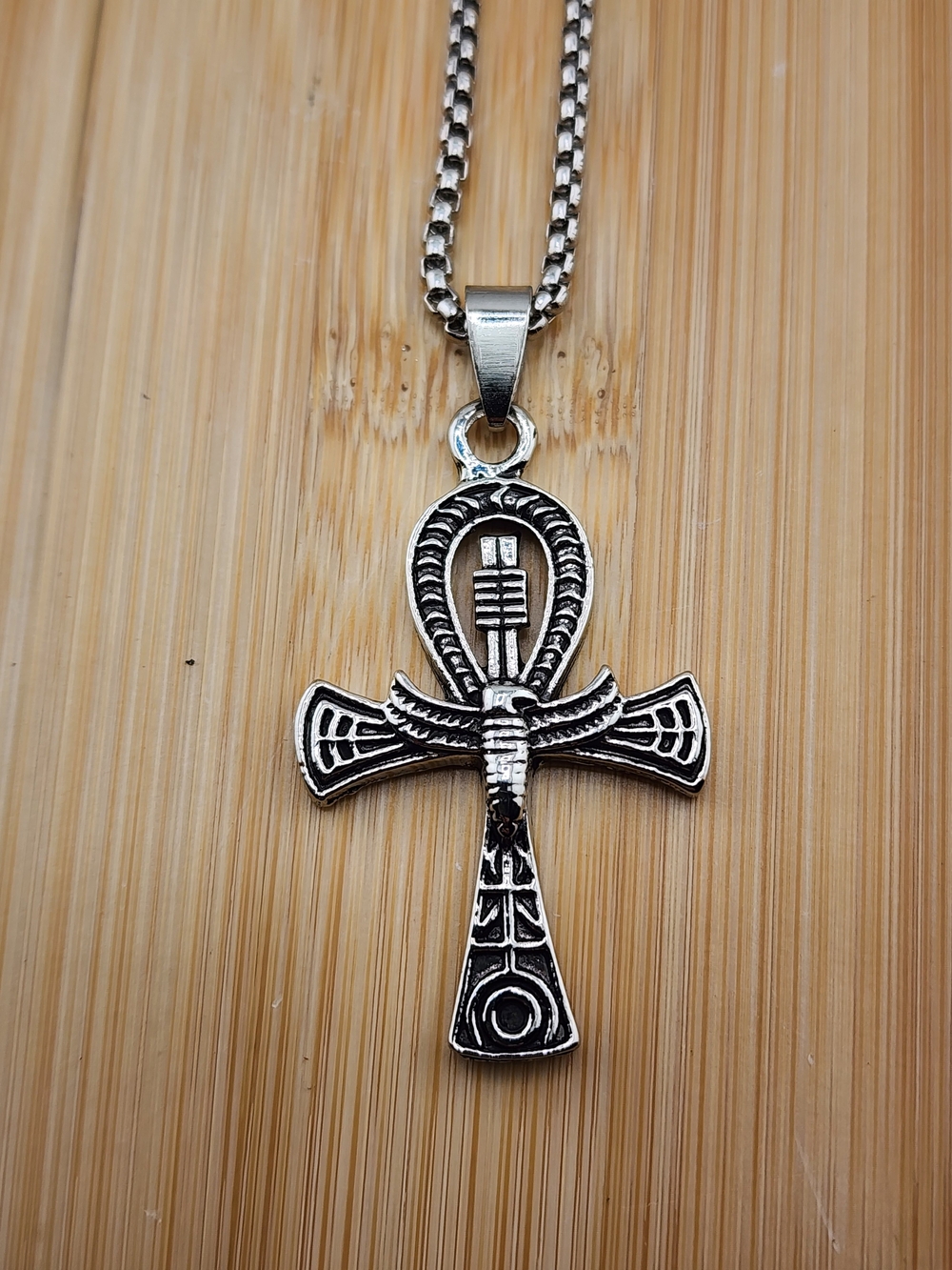 23in Men's Silver Ankh Pendant Necklace - Classic Egyptian Cross 0611